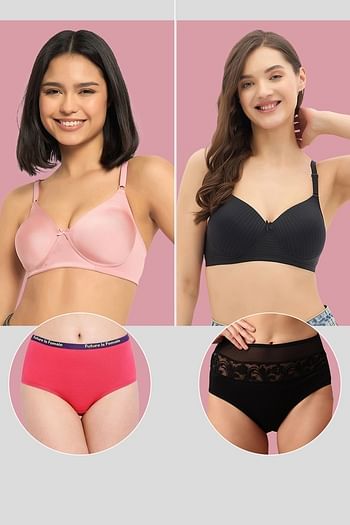 Front listing image for Pack of 4 Padded Non-Wired Full Coverage T-shirt Bras & High Waist Hipster Panties