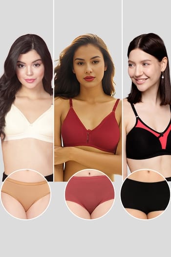 Clovia Pack of 6- Non-Padded Non-Wired Bras & Hipster Panties