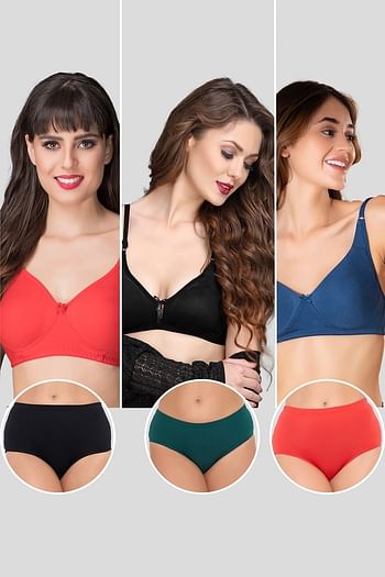 Back listing image for Pack of 6 Non-Padded Non-Wired Bras & Hipster Panties with Inner Elastic