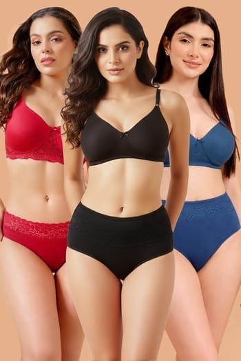 Back listing image for Pack of 6 Non-Padded Non-Wired Full Coverage Bras & Hipster Panties