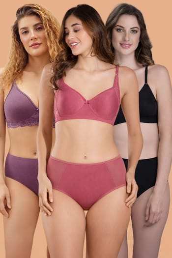 Front listing image for Pack of 6 Non-Padded Non-Wired Full Coverage Bras & Hipster Panties - Cotton