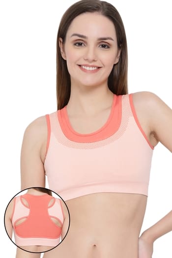 Clovia Padded Sports Bra with Racerback in Peach Colour