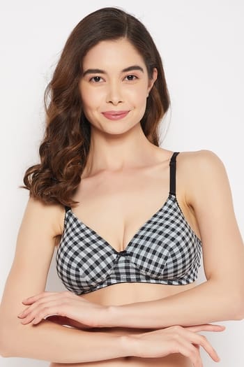 Clovia Padded Non-Wired Checkered Full Cup Multiway T-shirt Bra in Black - Cotton