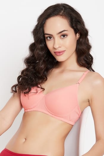 Clovia Padded Non-Wired Demi Cup Multiway T-shirt Bra in Peach Colour - Cotton