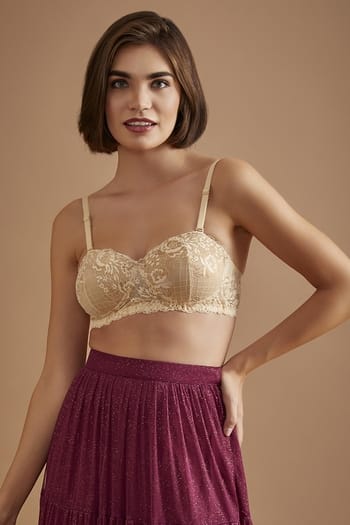 Clovia Padded Non-Wired Demi Cup Multiway Balconette Bra in Nude Colour - Lace