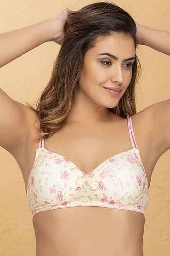 Front listing image for Padded Non-Wired Floral Print T-Shirt Bra in Light Yellow	