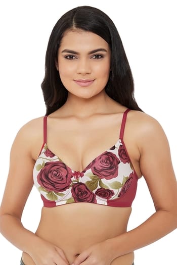 Clovia Padded Non-Wired Full Coverage Floral Print T-Shirt Bra in White
