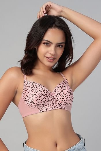 Front listing image for Padded Non-Wired Full Coverage Animal Print T-shirt Bra in Light Pink