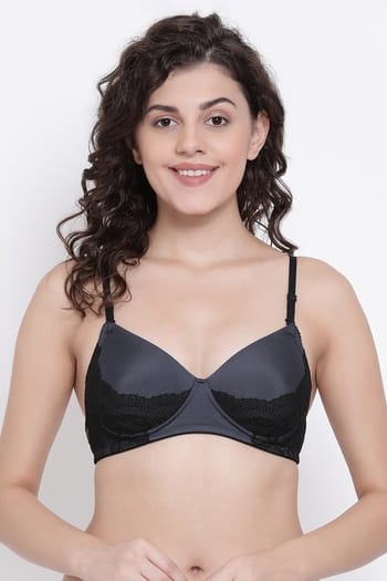 Clovia Padded Non-Wired Full Coverage Bra with Lace in Dark Grey