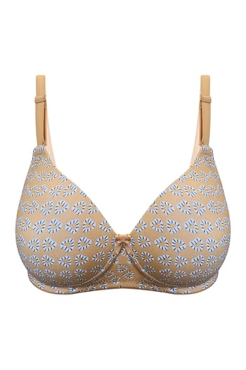 Clovia Padded Non-Wired Full Coverage Heart Print Multiway T-shirt Bra in Light Orange Colour - Cotton