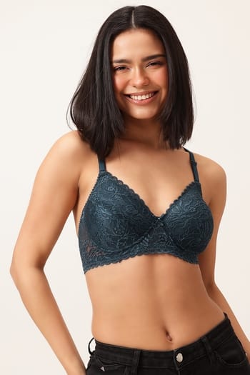 Clovia Padded Non-Wired Full Coverage Multiway Bra in Teal Blue - Lace
