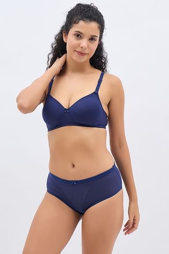 Front listing image for Padded Non-Wired Full Coverage Multiway Bra & Mid Waist Hipster Panty in Navy Colour