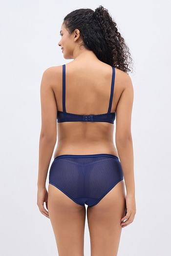Back listing image for Padded Non-Wired Full Coverage Multiway Bra & Mid Waist Hipster Panty in Navy Colour