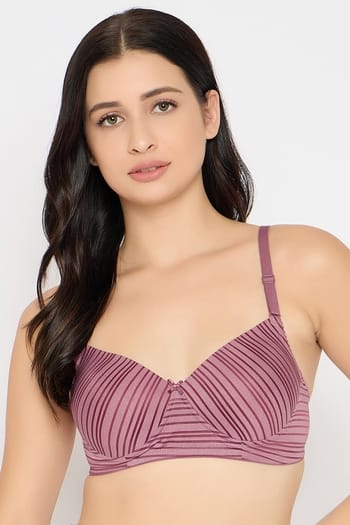 Clovia Padded Non-Wired Full Coverage Self Striped Multiway T-shirt Bra in Mauve