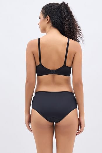 Back listing image for Padded Non-Wired Full Coverage Multiway T-shirt Bra & Mid Waist Hipster Panty in Black
