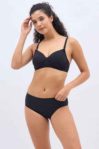 Front listing image for Padded Non-Wired Full Coverage Multiway T-shirt Bra & Mid Waist Hipster Panty in Black