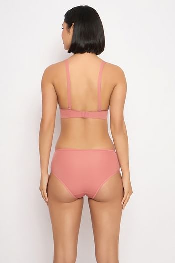 Back listing image for Padded Non-Wired Full Coverage Multiway T-shirt Bra & Mid Waist Hipster Panty in Peach Colour