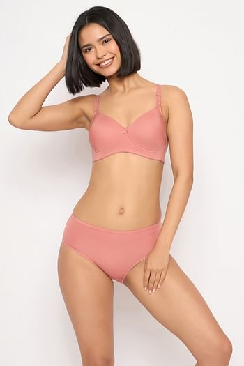 Front listing image for Padded Non-Wired Full Coverage Multiway T-shirt Bra & Mid Waist Hipster Panty in Peach Colour