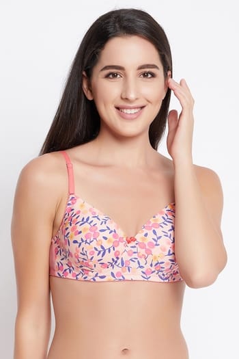 Clovia Padded Non-Wired Full Cup Floral Print Multiway T-shirt Bra in Baby Pink