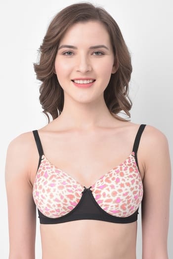 Clovia Padded Non-Wired Full Cup Animal Print Multiway T-shirt Bra in Beige
