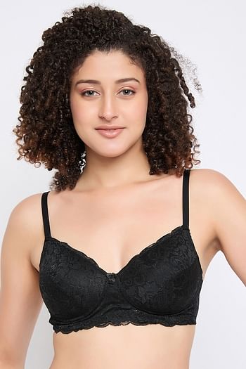 Front listing image for Padded Non-Wired Full Coverage Bra in Black - Lace