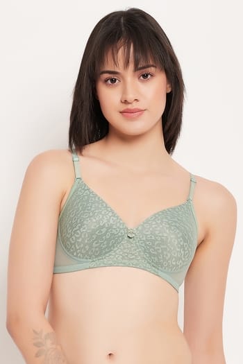Clovia Padded Non-Wired Full Cup Multiway Bra in Sage Green - Lace