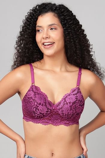 Front listing image for Padded Non-Wired Full Cup Bra in Wine Colour - Lace