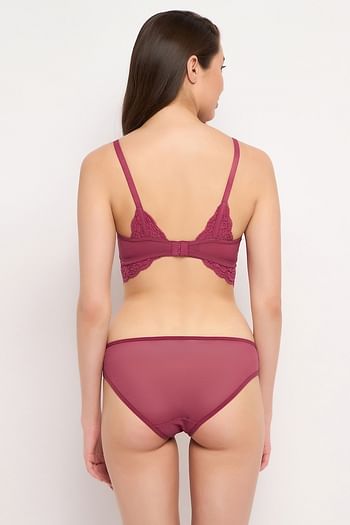 Back listing image for Padded Non-Wired Full Cup Bralette & Low Waist Bikini Panty in Pink - Lace