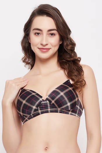 Clovia Padded Non-Wired Full Cup Checkered Multiway T-shirt Bra in Black