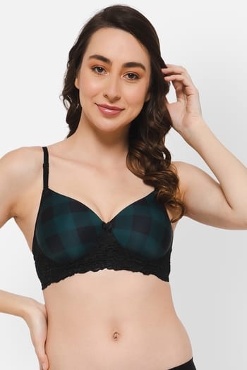 Clovia Padded Non-Wired Full Cup Checkered Multiway T-shirt Bra in Dark Green