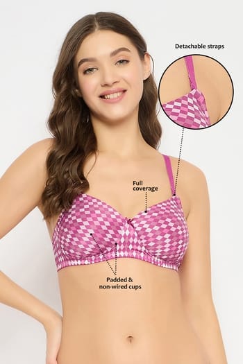 Clovia Padded Non-Wired Full Coverage Checkered Multiway T-shirt Bra in Pink