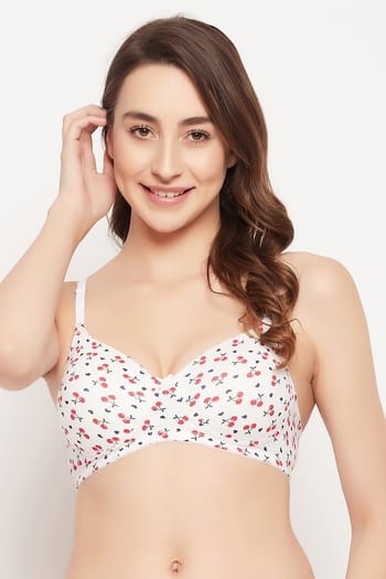 Clovia Padded Non-Wired Full Cup Cherry Print Multiway T-shirt Bra in White - Cotton