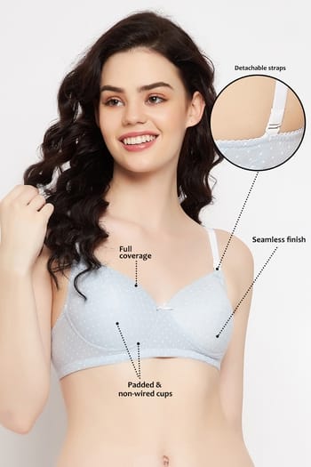 Clovia Padded Non-Wired Full Cup Polka Print Multiway T-shirt Bra in Baby Blue - Cotton