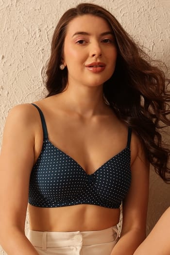 Clovia Padded Non-Wired Full Coverage Polka Dot Print Multiway T-shirt Bra in Navy