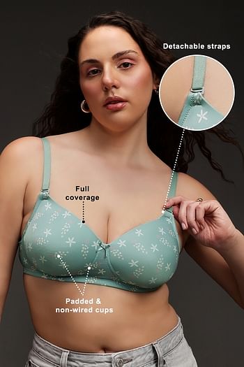 Front listing image for Padded Non-Wired Full Coverage Floral Print Multiway T-Shirt Bra in Baby Blue