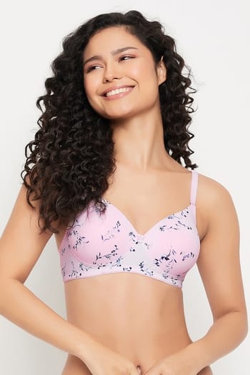 Clovia Padded Non-Wired Full Cup Floral Print Multiway T-shirt Bra in Baby Pink