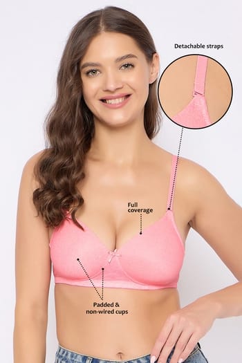 Clovia Padded Non-Wired Full Coverage Floral Print Multiway T-shirt Bra in Baby Pink