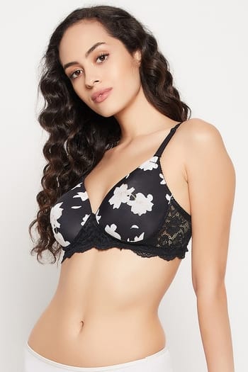 Clovia Padded Non-Wired Full Cup Floral Print Multiway T-shirt Bra in Black