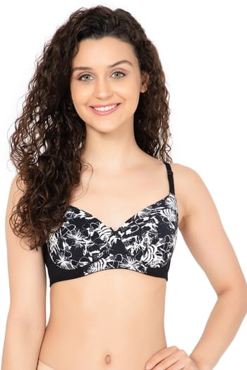 Clovia Padded Non-Wired Full Cup Floral Print Multiway T-shirt Bra in Black