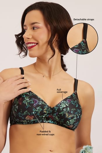 Clovia Padded Non-Wired Full Cup Floral Print Multiway T-shirt Bra in Black
