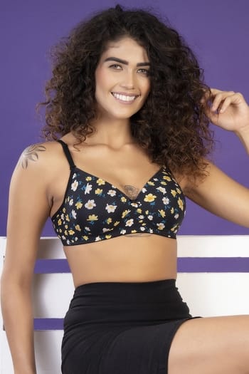 Clovia Padded Non-Wired Full Cup Floral Print Multiway T-shirt Bra in Black