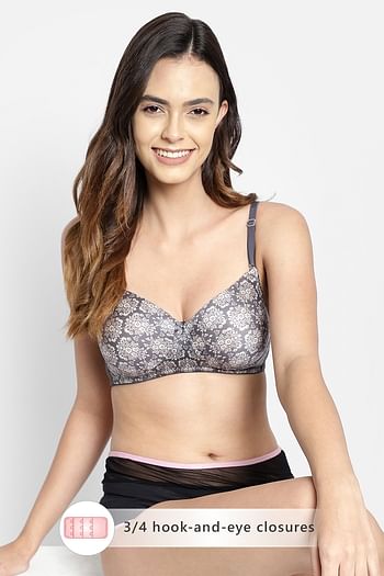 Front listing image for Padded Non-Wired Full Cup Floral Print Multiway T-shirt Bra in Dark Grey	