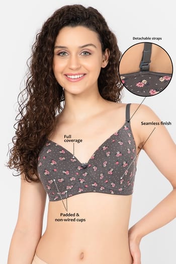 Clovia Padded Non-Wired Full Cup Floral Print Multiway T-shirt Bra in Dark Grey - Cotton