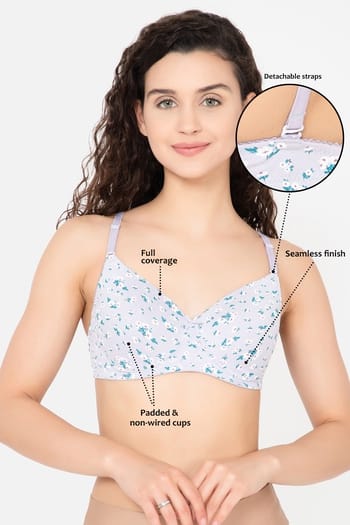 Clovia Padded Non-Wired Full Cup Floral Print Multiway T-shirt Bra in Light Grey - Cotton