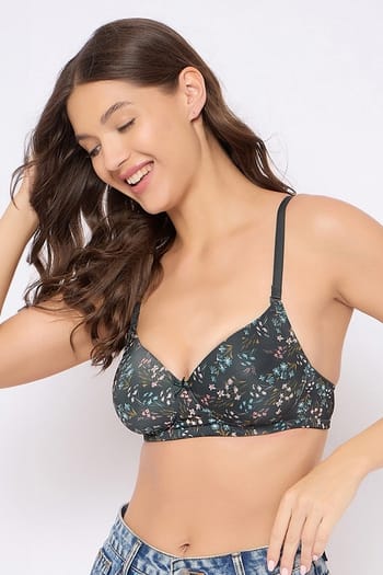 Clovia Padded Non-Wired Full Coverage Floral Print Multiway T-shirt Bra in Olive Green