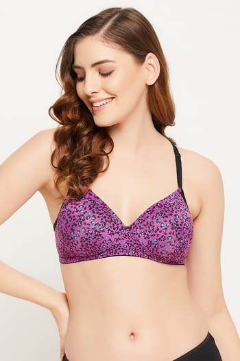 Clovia Padded Non-Wired Full Cup Floral Print Multiway T-shirt Bra in Purple
