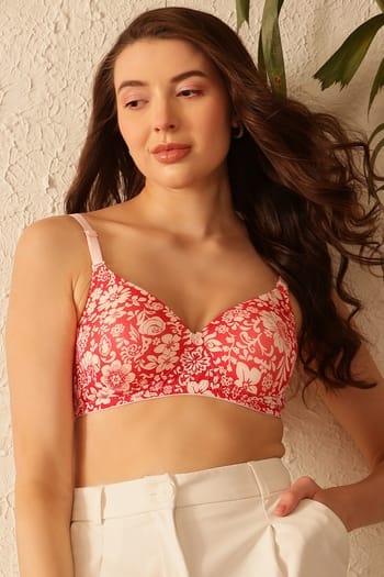 Clovia Padded Non-Wired Full Cup Floral Print Multiway T-shirt Bra in Red