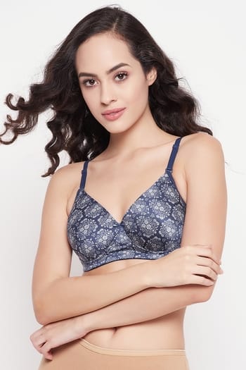 Clovia Padded Non-Wired Full Cup Floral Print Multiway T-shirt Bra in Royal Blue