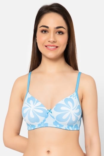 Clovia Padded Non-Wired Full Cup Floral Print Multiway T-shirt Bra in Sky Blue