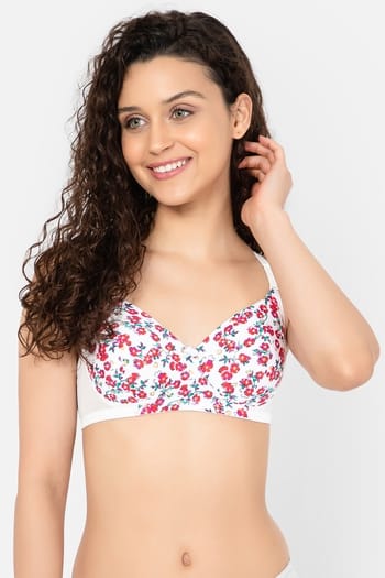 Clovia Padded Non-Wired Full Cup Floral Print Multiway T-shirt Bra in White